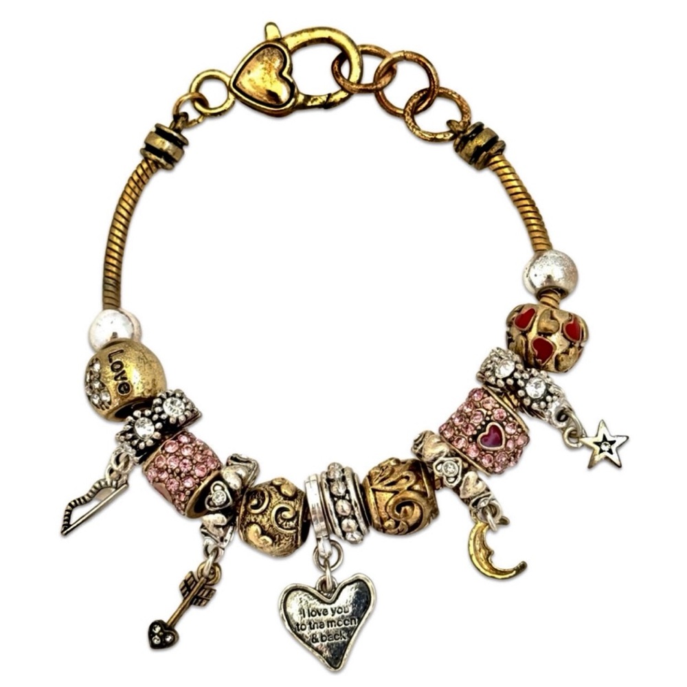 LANDAU • Love You To The Moon Charm Bracelet Pandora Style Heart Love